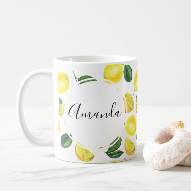 Caneca De Café Limões Amarelos Padrão de Fruta de Aquarela (Com Donut)