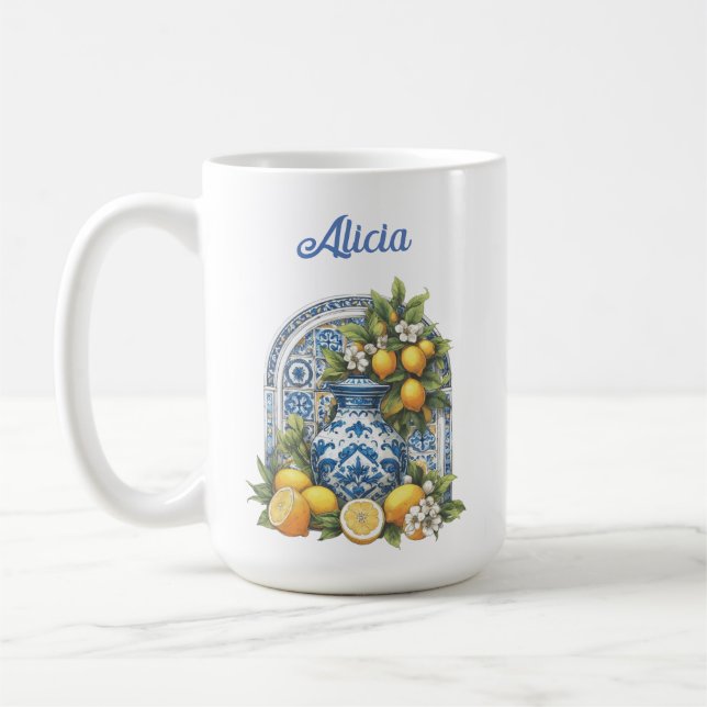 Caneca De Café Limões cerâmicos Amalfi brancos e azuis (Esquerda)
