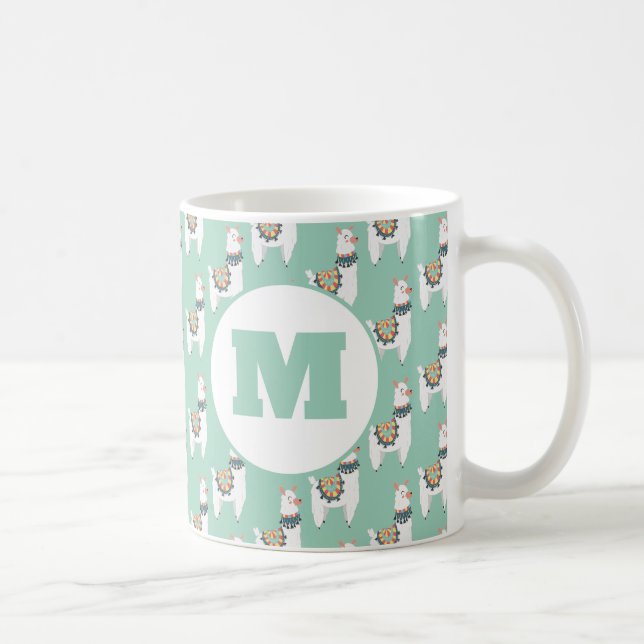 Caneca De Café Linda Alpaca Lhama Verde Menta Monograma (Direita)