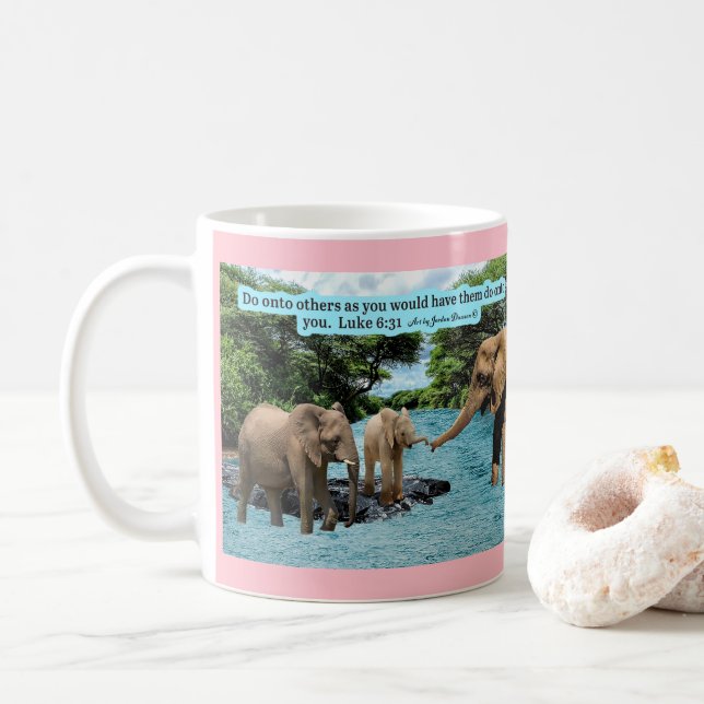 Caneca De Café Linda Escritura de Elefante Luke 6:31 (Com Donut)
