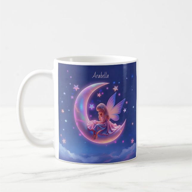Caneca De Café Linda Fada Loira Luminosa Sentada na Lua (Esquerda)