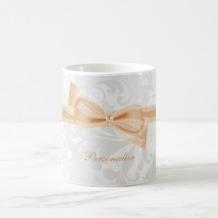 Caneca De Café Linda Faux Bow & Ribbon & Damask em Pêssego