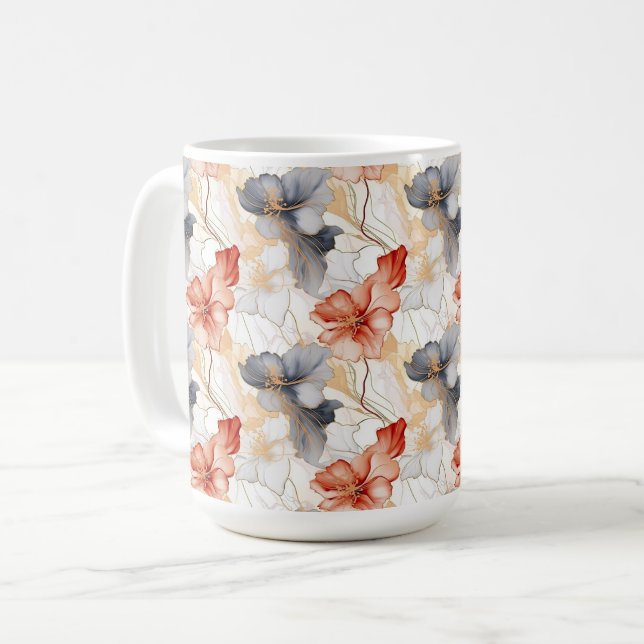 Caneca De Café Linda feminina Peach Red Blue e White Floral (Frente Esquerda)