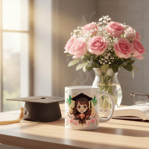 Caneca De Café Linda Garota de Graduação Anime Floral Aquarela Ca
