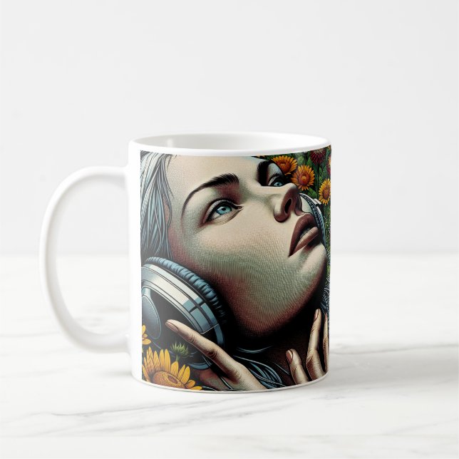 Caneca De Café Linda mulher com Fones de ouvido em girassóis (Esquerda)