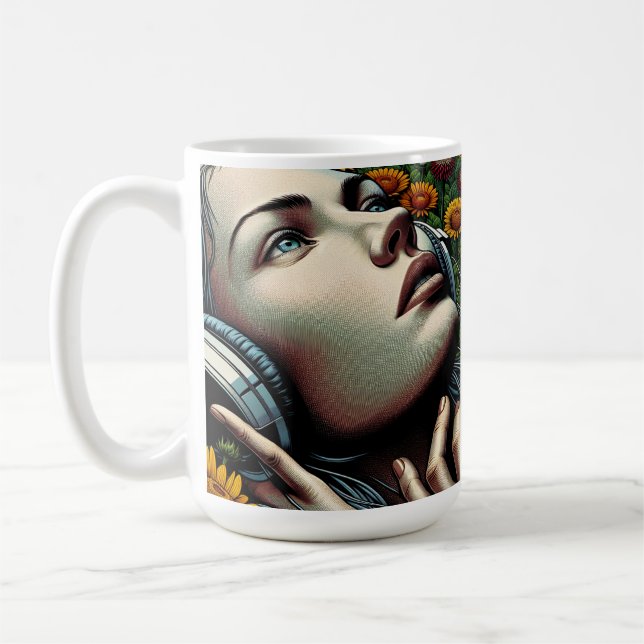 Caneca De Café Linda mulher com Fones de ouvido em girassóis (Esquerda)