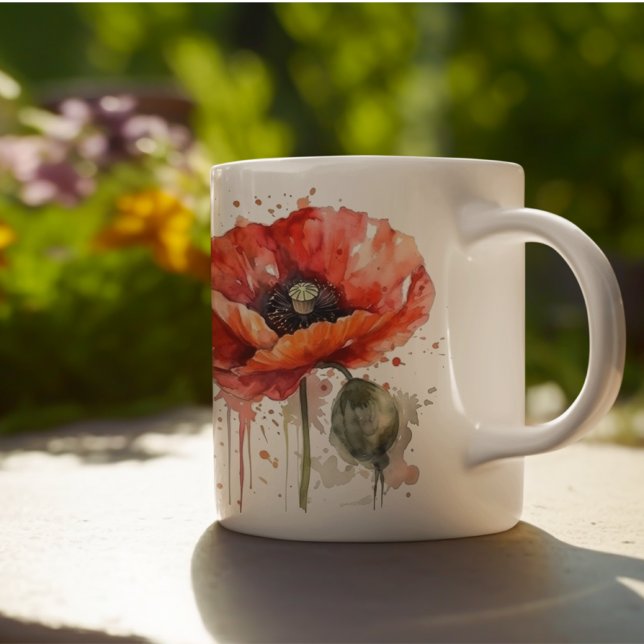Caneca De Café Linda papoila vermelha pintada em aquarela (Criador carregado)