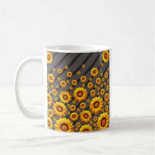 Caneca De Café Lindas flores amarelas nas cinzas, faixas pretas