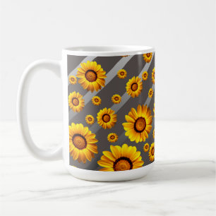 Caneca De Café Lindas flores amarelas nas cinzas, listras pratead