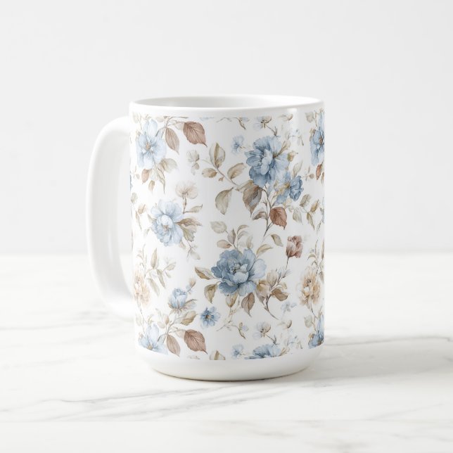 Caneca De Café Lindas Flores Azuis Creme Bege Marrom (Frente Esquerda)
