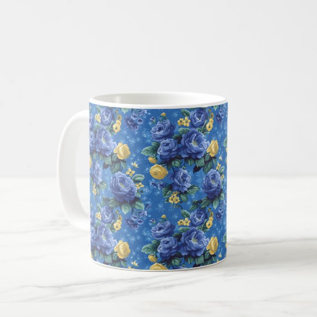 Caneca De Café Lindas Flores Românticas de Primavera Azuis Femini (Frente Esquerda)