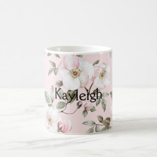 Caneca De Café Lindas Flores Rosa Bege Branco