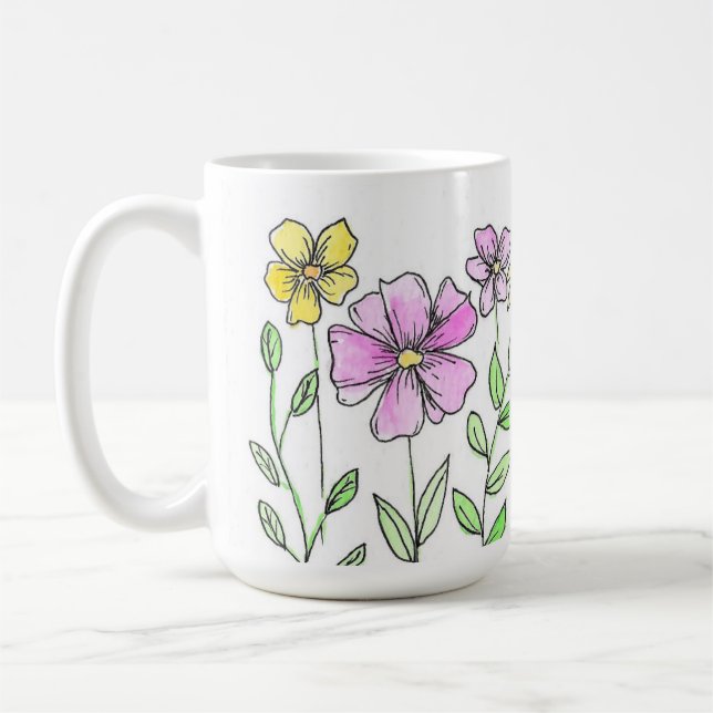 Caneca De Café Lindas Flores Rosa e Amarelo em Aquarela (Esquerda)