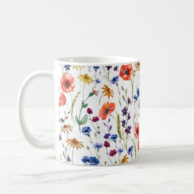 Caneca De Café Lindas flores silvestres, aquarela, papoila, giras (Esquerda)
