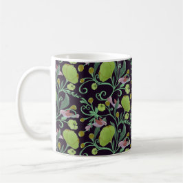 Caneca De Café Lindas flores verdes, vinhas e pássaros rosa