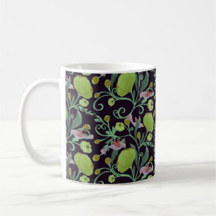 Caneca De Café Lindas flores verdes, vinhas e pássaros rosa