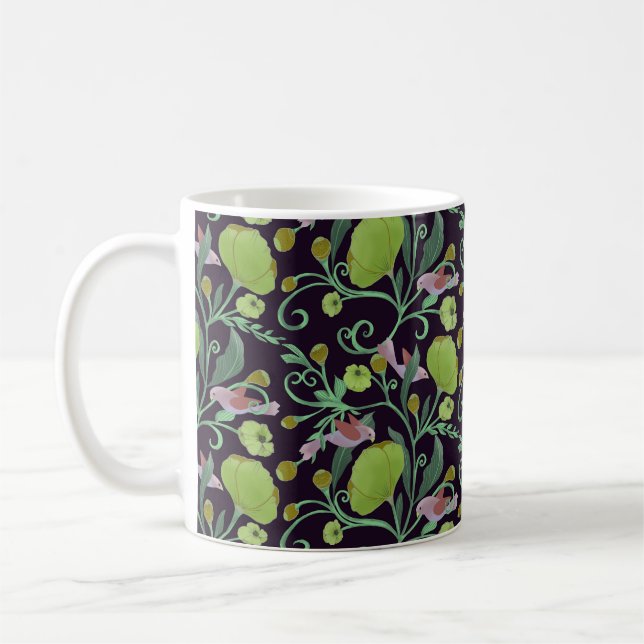 Caneca De Café Lindas flores verdes, vinhas e pássaros rosa (Esquerda)