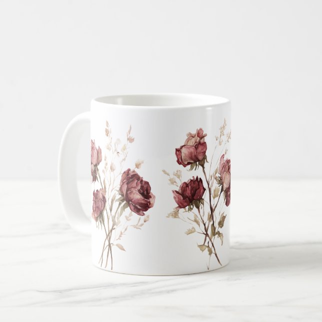 Caneca De Café Lindas Flores Vermelhas Borgonha (Frente Esquerda)