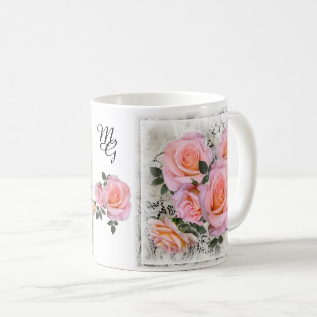 Caneca De Café Lindas Rosas Rosa com Monograma (Frente Esquerda)