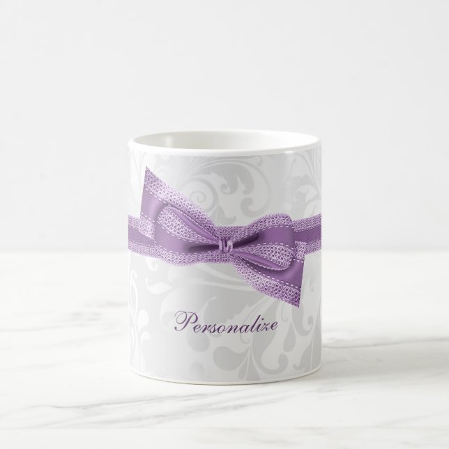 Caneca De Café Lindo Faux Laço Roxo & Fita & Damask (Centro)