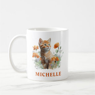 Caneca De Café Lindo gatinho ruivo em aquarela e flores