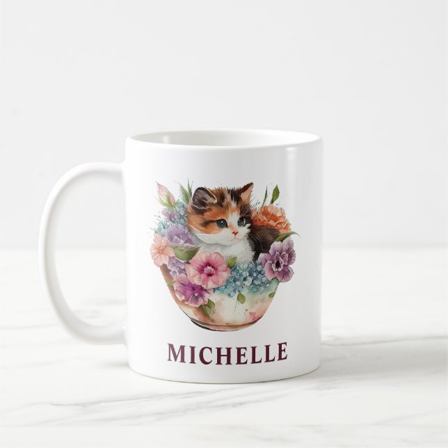 Caneca De Café Lindo Gato Calico e Flores em Aquarela (Esquerda)