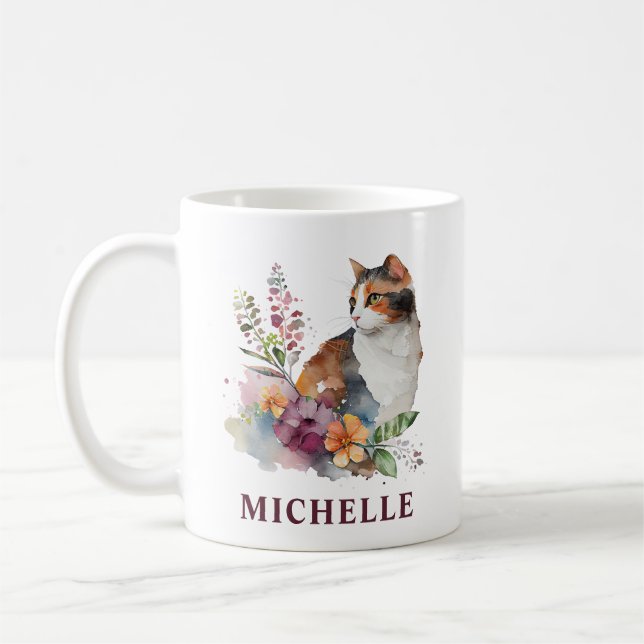 Caneca De Café Lindo Gato Calico e Flores em Aquarela (Esquerda)