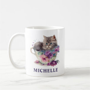 Caneca De Café Lindo Gato Cinza Aquarela e Flores Roxas