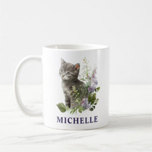 Caneca De Café Lindo Gato Cinza Aquarela e Flores Roxas