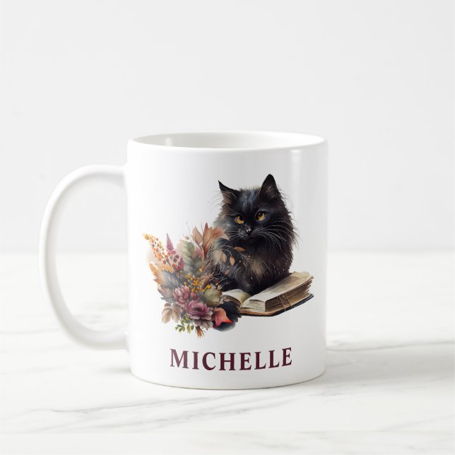 Caneca De Café Lindo Gato Preto e Flores em Aquarela (Esquerda)