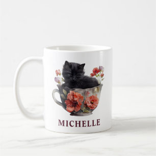 Caneca De Café Lindo Gato Preto e Flores em Aquarela