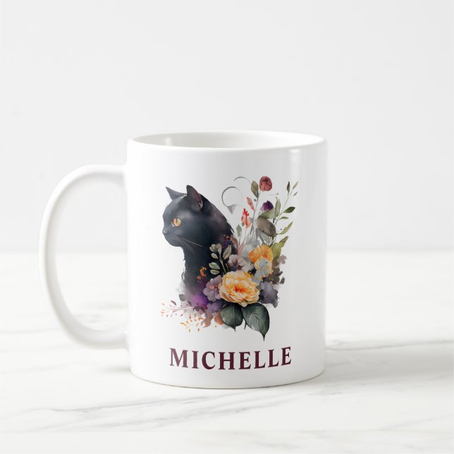 Caneca De Café Lindo Gato Preto e Flores em Aquarela (Esquerda)
