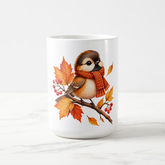 Caneca De Café Lindo Pássaro de Outono com Cachecol Aconchegante  (Centro)