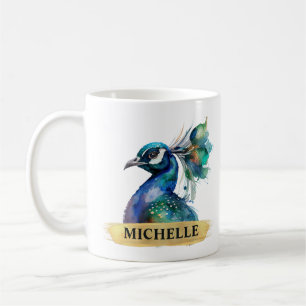 Caneca De Café Lindo Pavão em Aquarela e Pincelada Dourada
