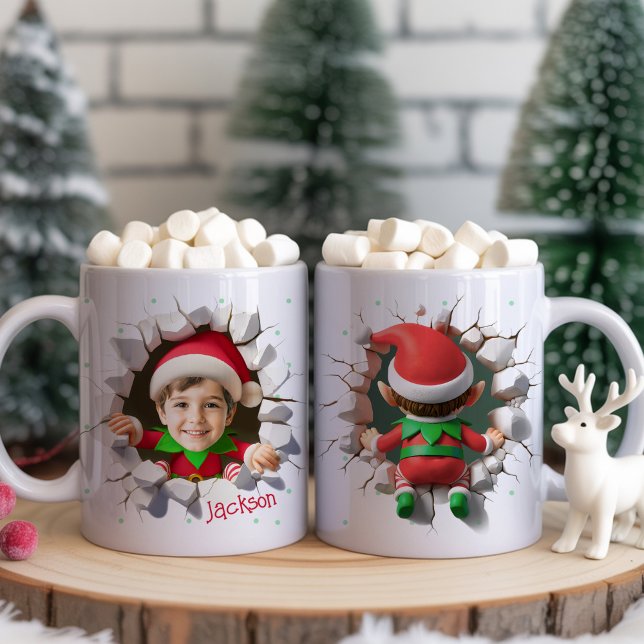 Caneca De Café Lindo Presente de Natal com Foto do Rosto de Crian (Fun and funny Custom Kids Face Photo cute Elf crashing front and back side Christmas Coffee Mug Cups)
