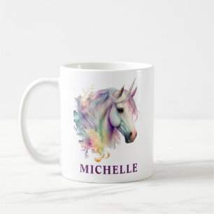 Caneca De Café Lindo Unicórnio de Fantasia em Aquarela e Flores