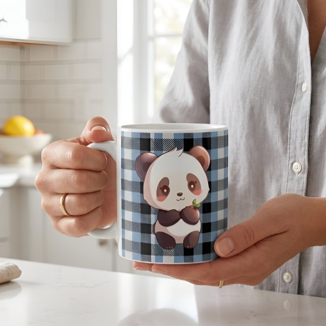 Caneca De Café Lindo Urso Panda Kawaii Xadrez Azul Búfalo (Criador carregado)