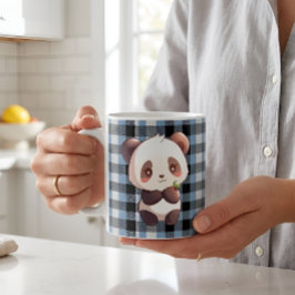 Caneca De Café Lindo Urso Panda Kawaii Xadrez Azul de Búfalo