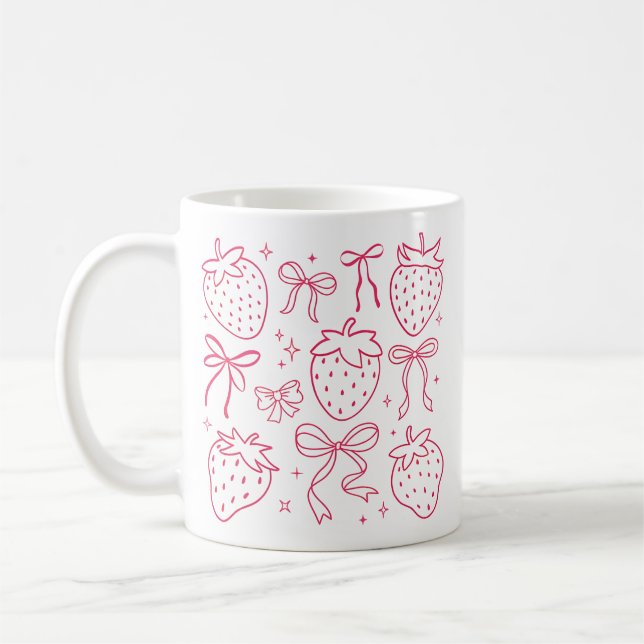 Caneca De Café Lindos Arcos de Morango Rosa Kawaii Coquette (Esquerda)