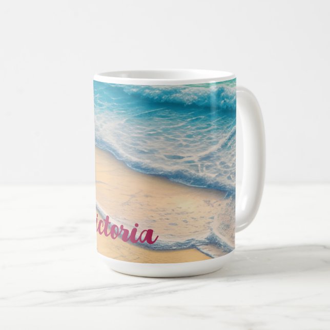 Caneca De Café Lindos Oceanos de Praia Ondas Areia Palmeiras (Frente Esquerda)