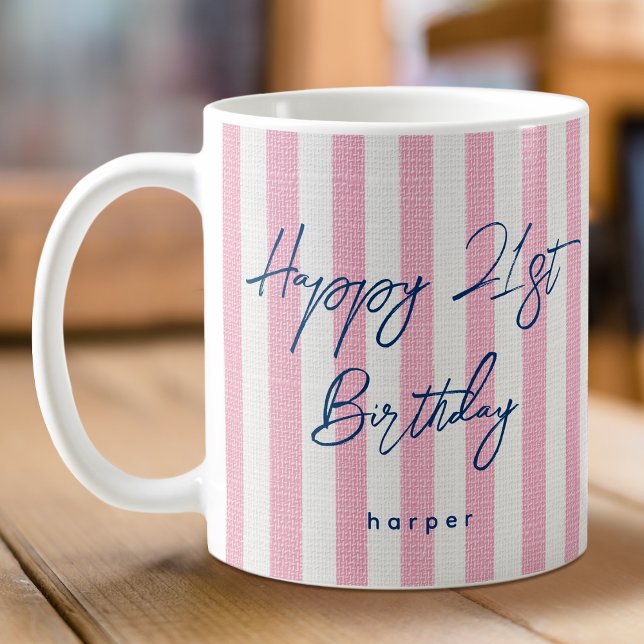Caneca De Café Linen Look Striped Feliz Aniversário 21 Rosa De ru (Criador carregado)