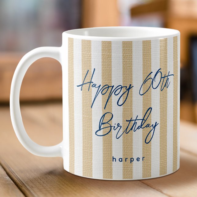 Caneca De Café Linen Look Striped Happy Birthday 60º Dourado (Criador carregado)