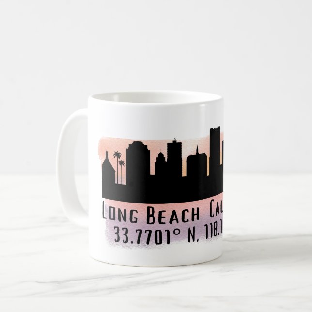 Caneca De Café Linha do Skyline Long Beach Latitude e Longitude (Frente Esquerda)