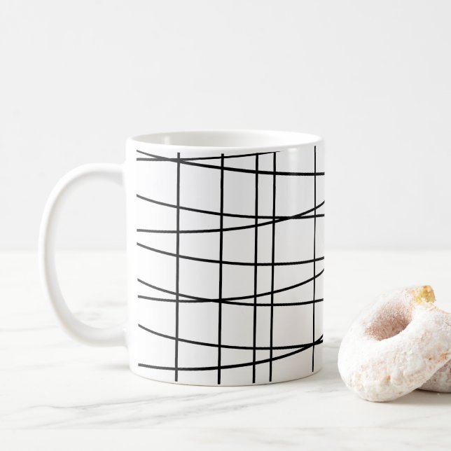 Caneca De Café Linhas de Grade Preta e Branca (Com Donut)
