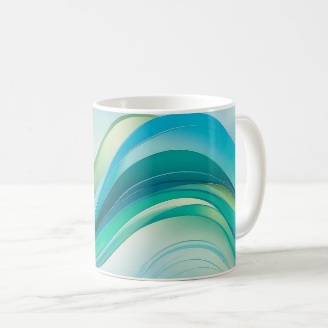 Caneca De Café Linhas de Ondas abstrato Azul Verde (Frente Esquerda)