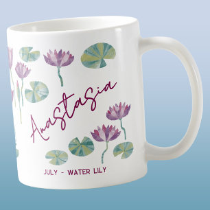 Caneca De Café Lírio Aquático com Nome Personalizado da Flor de N