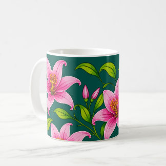 Caneca De Café Lírio Rosa Elegante Floral com Folhagem Verde