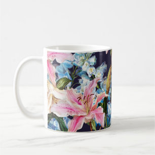 Caneca De Café Lírios, borda delfinita: pintura aquosa.
