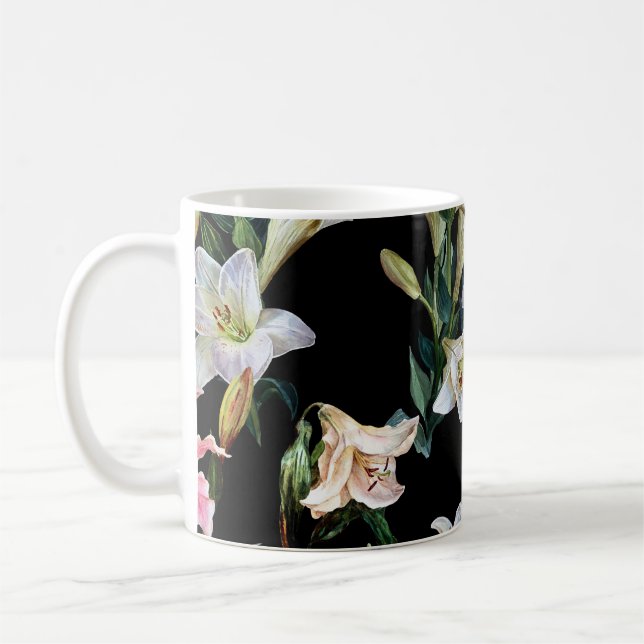 Caneca De Café Lírios florais: pintura preta de fundo (Esquerda)