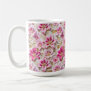 Caneca De Café Lírios Rosa Elegantes com Acentos Botânicos Dourad